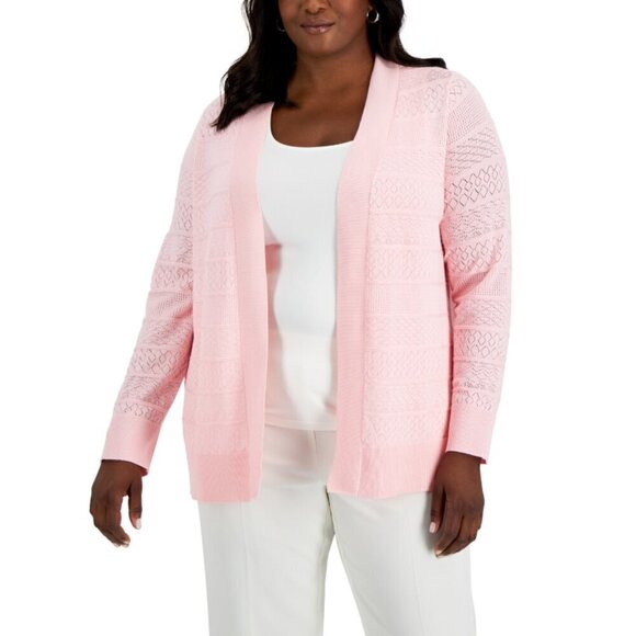 Karen Scott Plus Size 0X Baby Pink Pointelle Open-Front Cardigan NWT - Picture 1 of 6